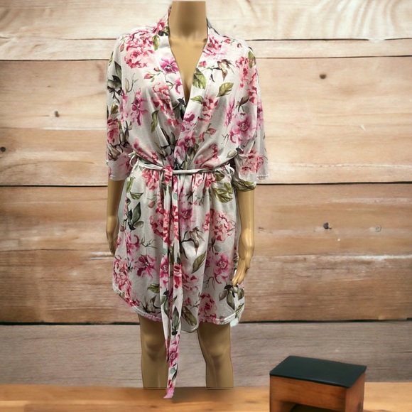 Show Me Your MuMu White Pink Rose Print Floral Belted Robe One Size Fits Most - Picture 6 of 6